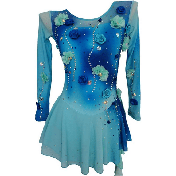LIUHUO Figure Skating Dress Blue-Green Gradient 3D Stereoscopic Flower Competition Performance