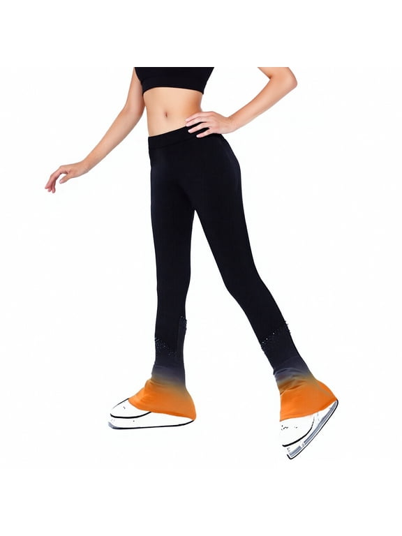 Figure Skating Pants Training Leggings Fleece Suit Shiny Colored Diamond Girls Comfortable Orange