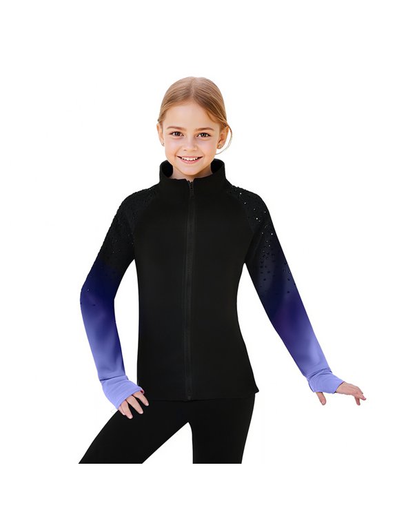 Figure Skating Training Fleece Jackets Child Shiny Colored Diamond Girl Comfortable Warm Coats Blue