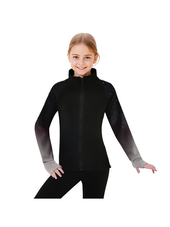 Figure Skating Training Fleece Jackets Child Shiny Colored Diamond Girl Comfortable Warm Coats Gray