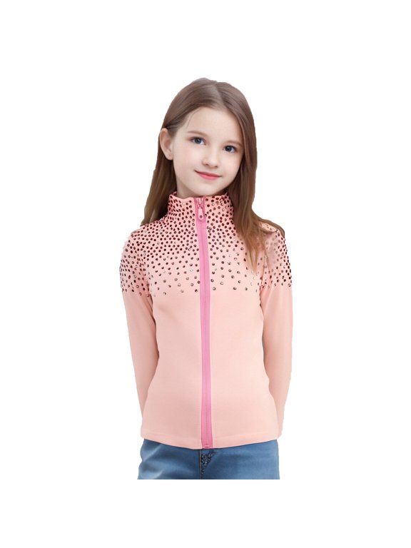 Girl Pink Sparkling Ice Skating Training Jacket Diamond Plush Top Premium Skating Training Clothes for Girls Women