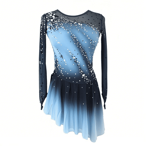 LIUHUO Girl's Long Sleeved Blue Gradient Figure Skating Dress Elegant Figure Skating Skirt for Performance and Practice