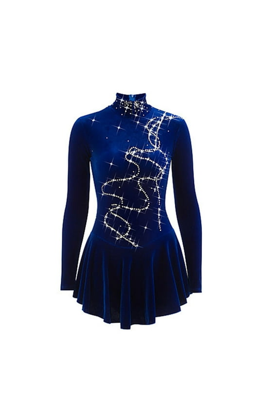 Ice Figure Skating Dress Girls Blue Velvet Stretchy Child Competition Dancewear,L