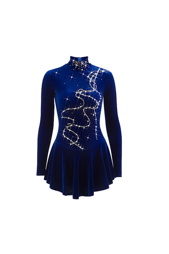Ice Figure Skating Dress Girls Blue Velvet Stretchy Child Competition Dancewear,XL