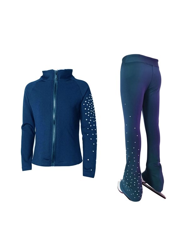 Ice Figure Skating Training Pants Jackets Girls Womens Fleece Shiny Colored Diamond Girl Comfortable Warm Tracksuit Navy