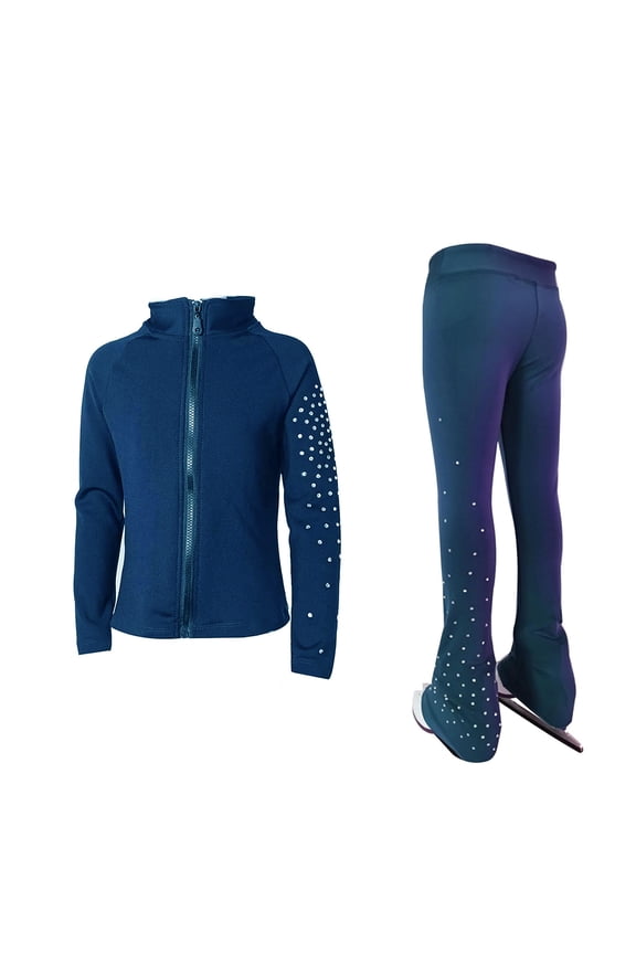Ice Figure Skating Training Pants Jackets Girls Womens Fleece Shiny Colored Diamond Girl Comfortable Warm Tracksuit Navy