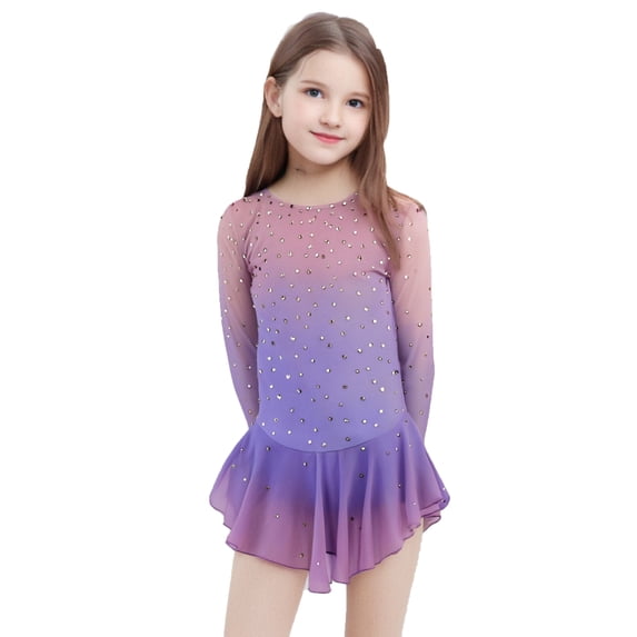 LIUHUO Long Sleeve Gradient Skating Dresses Girls Women. Polyester Diamond Decorated Customizable with Diamond Adorned Back Straps