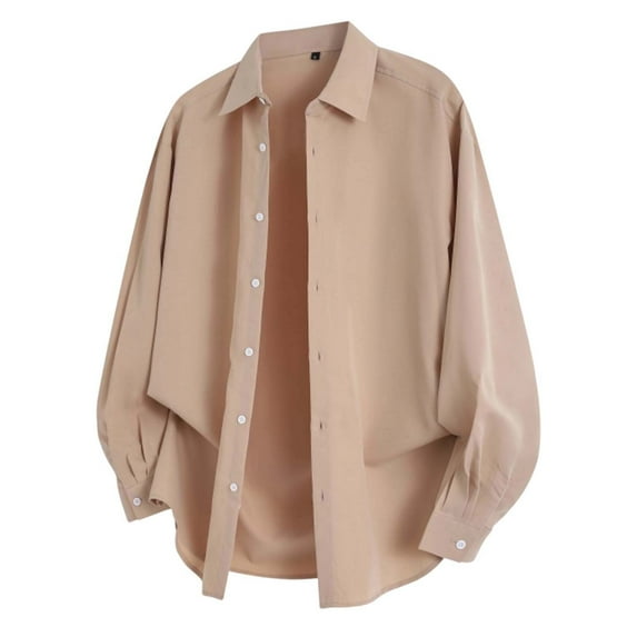 LIUJUNSHOP Autumn Men Casual Shirt Solid Color Loose Fit Comfortable Top Long Sleeve Daily Wear Khaki XXXL
