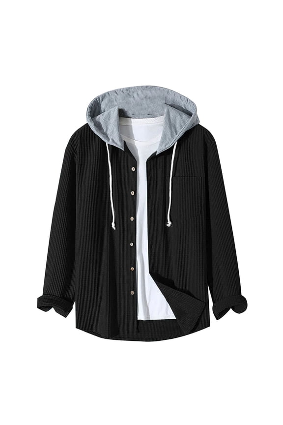Autumn Men's Shirt Jacket Casual Long Sleeve Outerwear Button Up Hooded Jacket for Street Style Black M