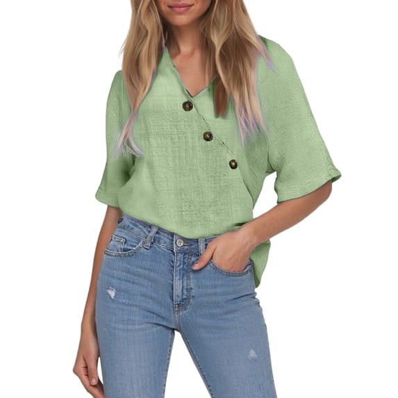 LIUJUNSHOP Cotton Linen Shirts for Women Loose Fit V Neck Button Comfortable Tops Trendy Blouses Casual