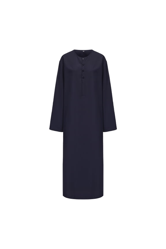 Elegant Men's Solid Long Sleeve Robe Traditional Arabic Thobe Middle Attire Navy L