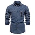 thumbnail image 1 of LIUJUNSHOP European Style Denim Shirt for Men Autumn Casual Long Sleeve Washed Top Dark Blue XL, 1 of 7