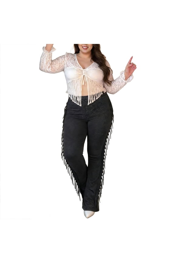 Flared Pants Women High Waisted Fringe Tassel Side Stretch Slim Bootcut Leggings