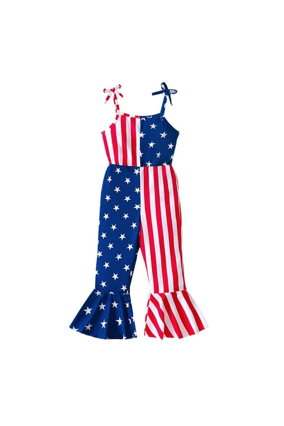 Girls Jumpsuits Wide Leg Jumpsuit Summer Beach Overalls Summer Suspender Romper Jumpsuit with Star for Independence Day Festive Outfit Blue 5-6 Year