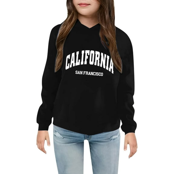 LIUJUNSHOP Girls Oversized Hoodies California Letter Print Pullover Hoodie Sweatshirt Long Sleeve Casual Loose Pullover Tops Black 8-9Years