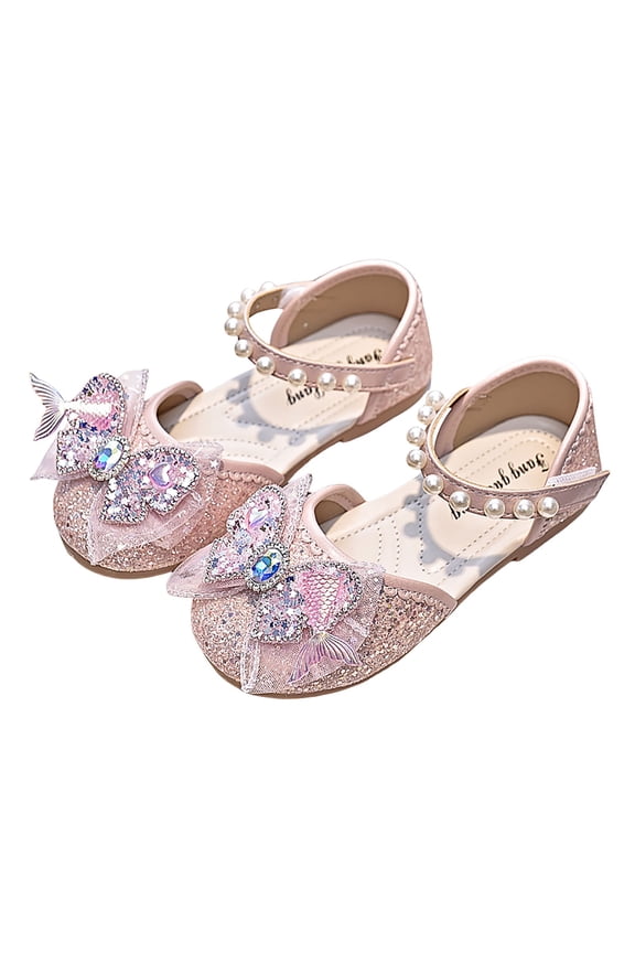 Girls Sparkle Princess Dress Shoes Bow Wedding Party Flower Bridesmaids Mary Jane Ballet Flats Pink 5-5.5 Years
