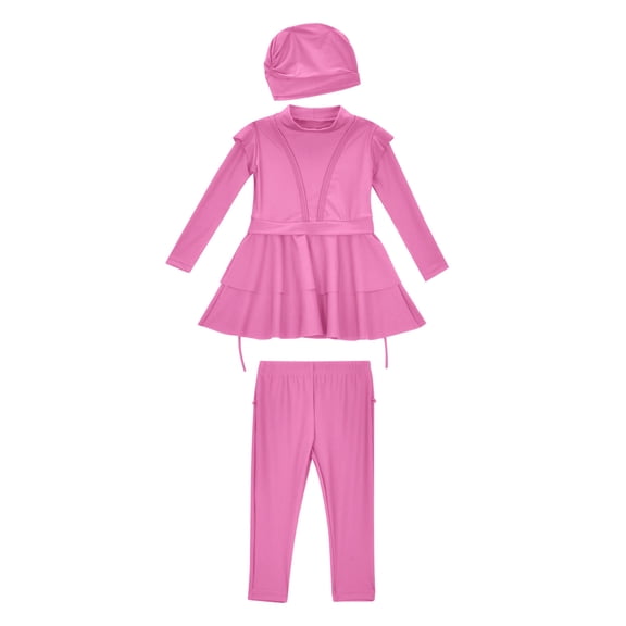 LIUJUNSHOP Kids Swimsuits Girls Baby Modest Swimwear Long Sleeve Swim Top Pants Hijab 3PCS Bathing Suit Rash Guard Pink 6-7 Years