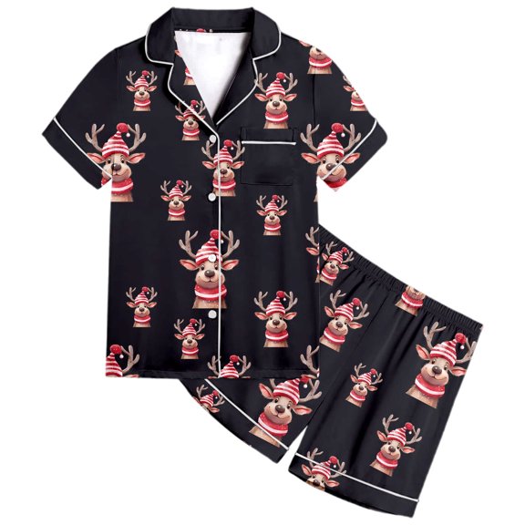 LIUJUNSHOP Little Girls Satin Pajama Set Elegant Christmas Loungewear Two Piece Outfit with Short Sleeves and Button Down Top for Cozy Comfort Black 10-11 Years