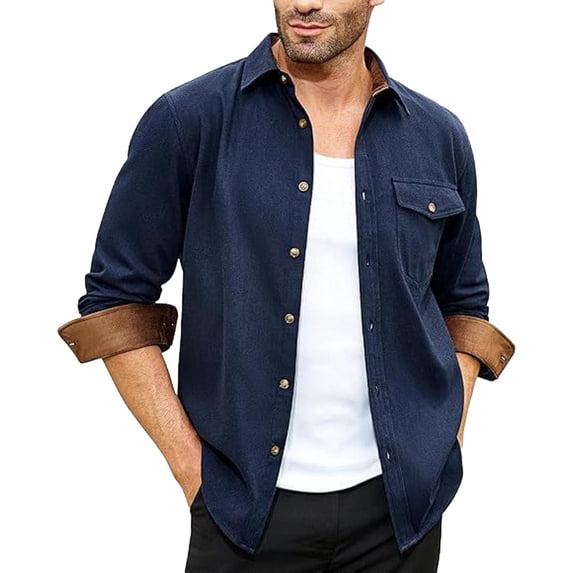 LIUJUNSHOP Men Flannel Long Sleeve Dress Shirt Casual Button Down Work Shacket Jacket Comfortable Stylish Navy S