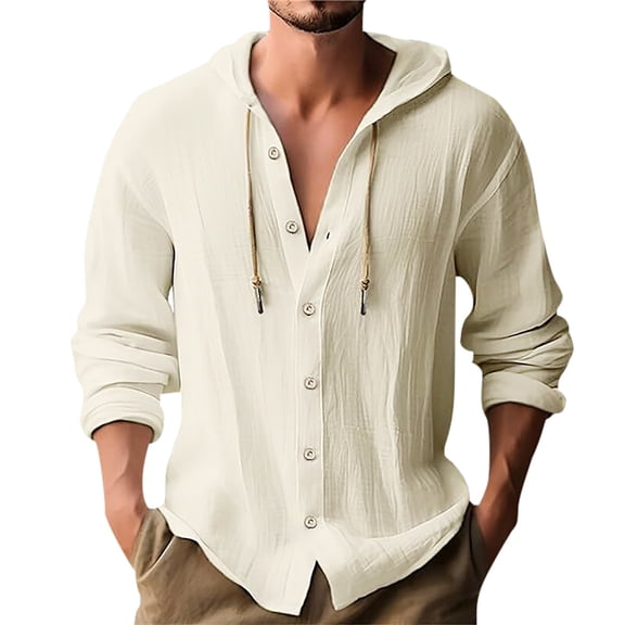 LIUJUNSHOP Men Linen Shirt Casual Long Sleeve Button Down Summer Beach Hooded Top Khaki L