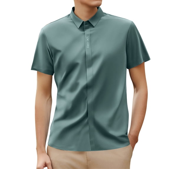 LIUJUNSHOP Men's Business Casual Button Down Shirt Short Sleeve Solid Smooth Comfortable Tops Army Green M