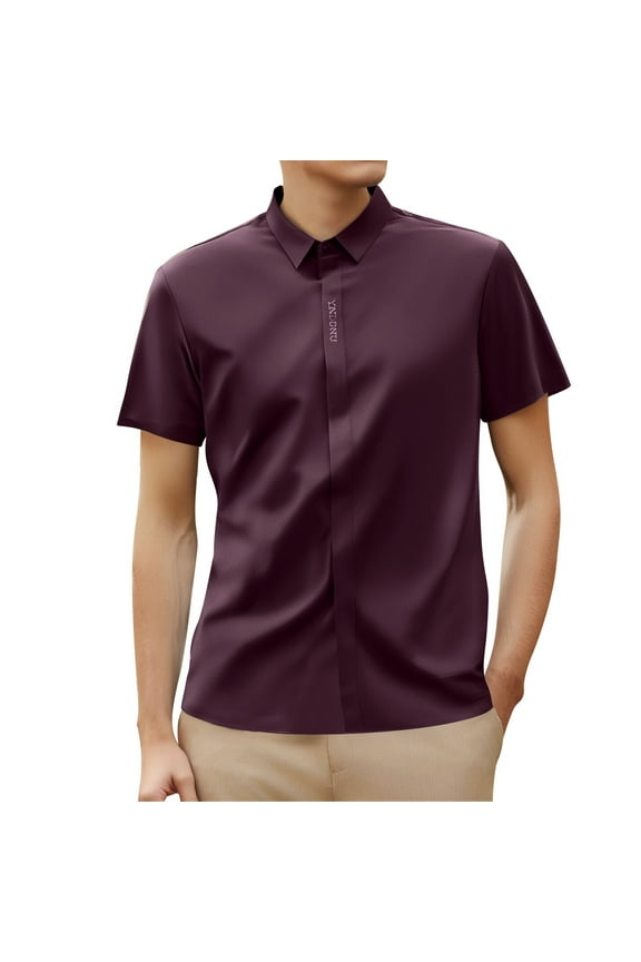 Men's Business Casual Button Down Shirt Short Sleeve Solid Smooth Comfortable Tops XL