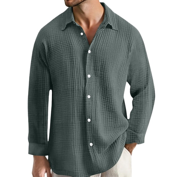 LIUJUNSHOP Men's Casual Long Sleeve Pleated Shirt Loose Fit Button Down Solid Color Everyday Comfort Top Green S