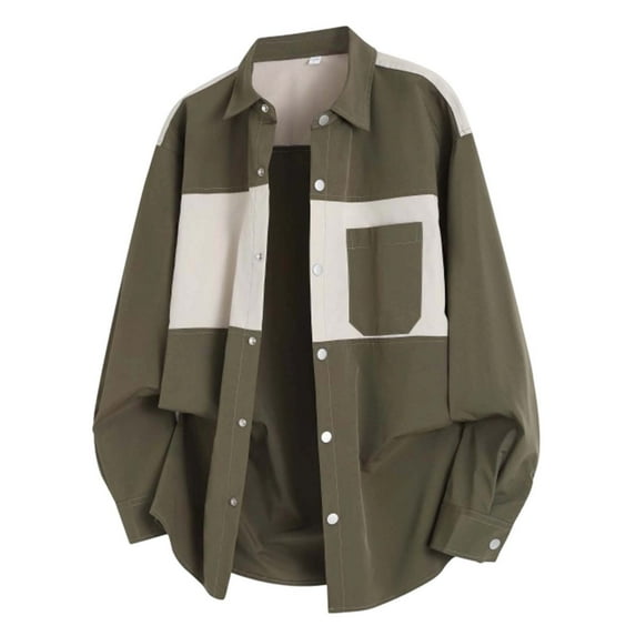 LIUJUNSHOP Men's Color Block Long Sleeve Shirt Jacket Loose Fit Button Down Casual Outerwear Top for Autumn Fall Season Army Green XXXL