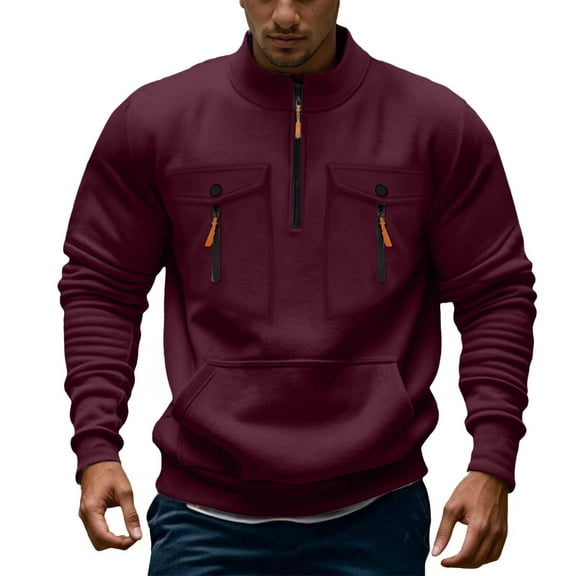LIUJUNSHOP Men's Crewneck Sweatshirt Men's Zipper Front Stand Collar Sweatshirt Autumn Winter Solid Color Chest Pocket Casual