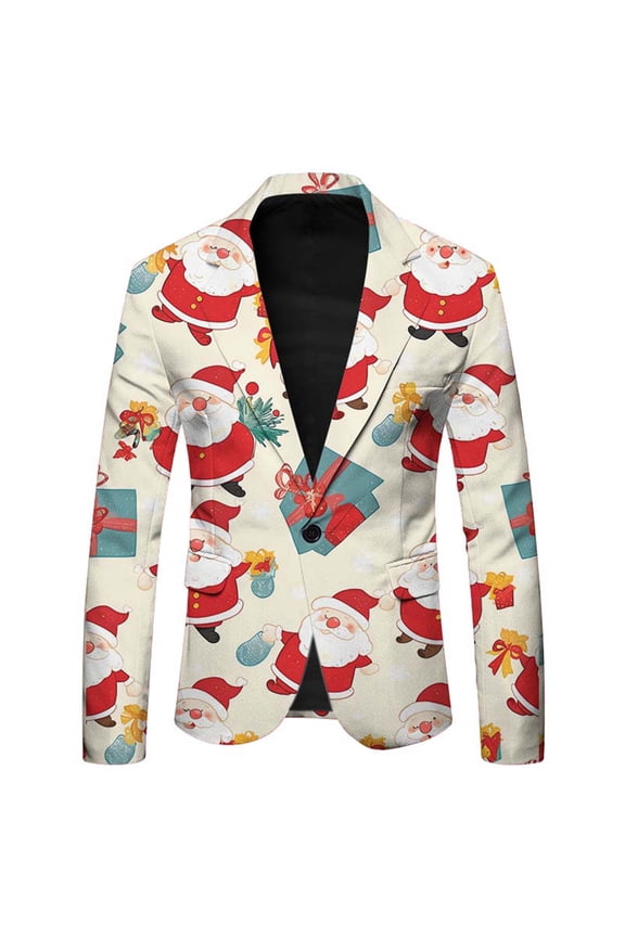Men's Dress Jacket Blazer Men's Casual Fashion Suit Jacket with Santa Print Design Long Sleeve Lapel Button Front for Holiday Parties
