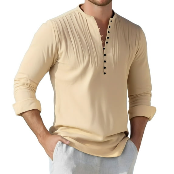 LIUJUNSHOP Men's Fashion Business Casual Long Sleeve Shirt Solid Color Button Down Collar Fold Top for Spring Summer Khaki S