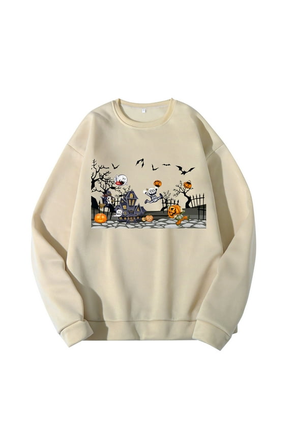 Men's French Terry Crewneck Sweatshirt Halloween Men's Hoodless Sweatshirt Winter Fall Fashion Casual Pullover Top