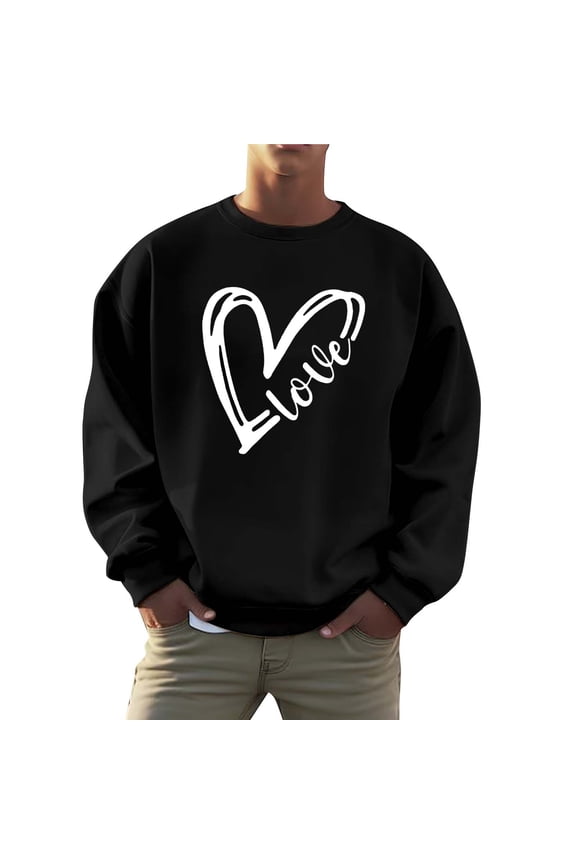 Men's French Terry Crewneck Sweatshirt Men's Valentine Day Letter Print Crewneck Sweatshirt Casual Pullover Top