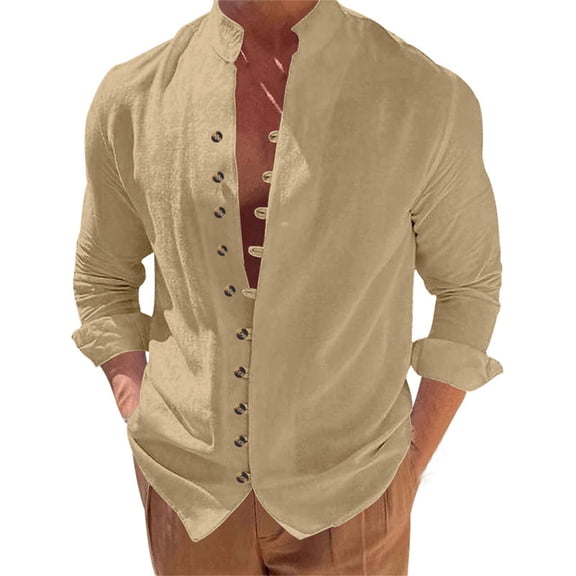 LIUJUNSHOP Men's Holiday Seaside Resort Loose Fit Button Down Stand Collar Solid Short Sleeve Casual Shirt Top Khaki S