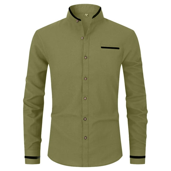 LIUJUNSHOP Men's Lapel Long Sleeve Casual Shirt Patchwork Design Holiday Cardigan Top for Stylish Comfort Army Green XXL