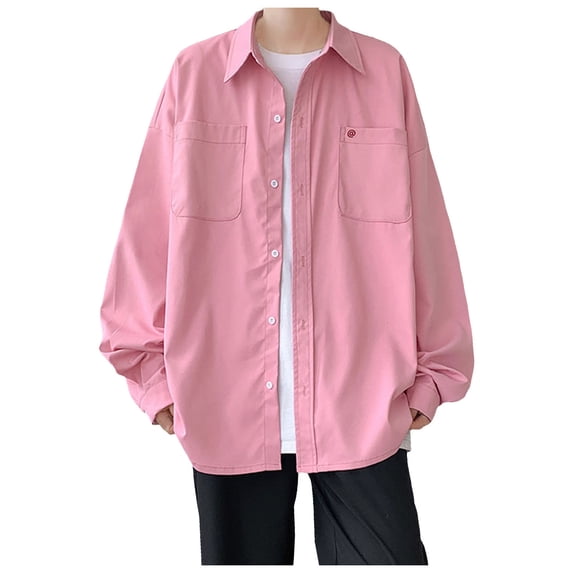 LIUJUNSHOP Men's Long Sleeve Lapel Casual Solid Holiday Cardigan Shirt Top for Business and Formal Wear Pink XXXL