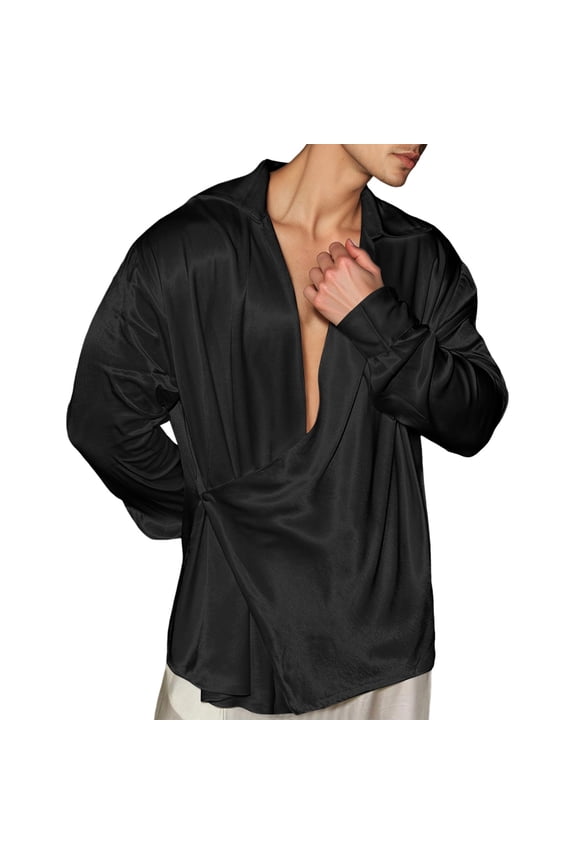 Men's Silk Shirt Elegant Drape Long Sleeve Designer Blouse Comfortable Business Casual Wear Soft Breathable Gentlemen Black XL