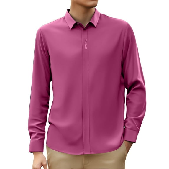 LIUJUNSHOP Men's Stretch Dress Shirt Long Sleeve Slim Muscle Fit Button Down Formal Business Casual Shirt Hot Pink 165/105