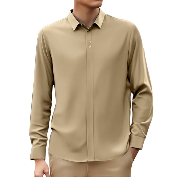 LIUJUNSHOP Men's Stretch Dress Shirt Long Sleeve Slim Muscle Fit Button Down Formal Business Casual Shirt Khaki 190/130