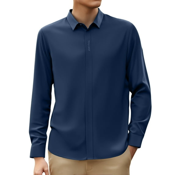 LIUJUNSHOP Men's Stretch Dress Shirt Long Sleeve Slim Muscle Fit Button Down Formal Business Casual Shirt Navy 180/120