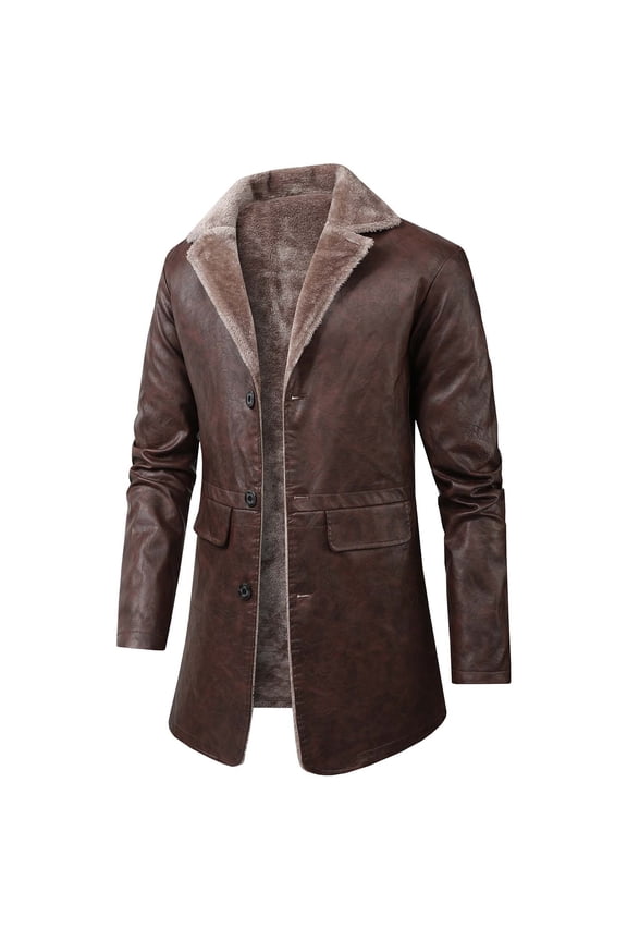 Men's Trench Coat Slim Fit Mid Length Leather Jacket Business Casual Winter Coat With Thick And Oversized Notch Lapel For Men