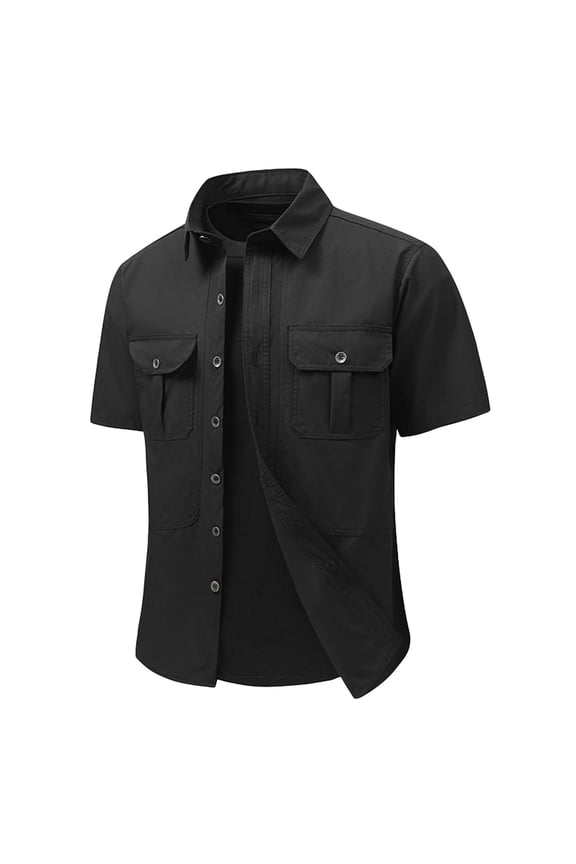 Men's UPF 50 Short Sleeve Button Down Shirt Performance Casual Workwear For Outdoor Hiking And Fishing Activities Black L