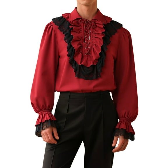 LIUJUNSHOP Mens Elegant Stage Performance Shirt With Ruffled And Drawstring Neckline For Formal Shows Red M