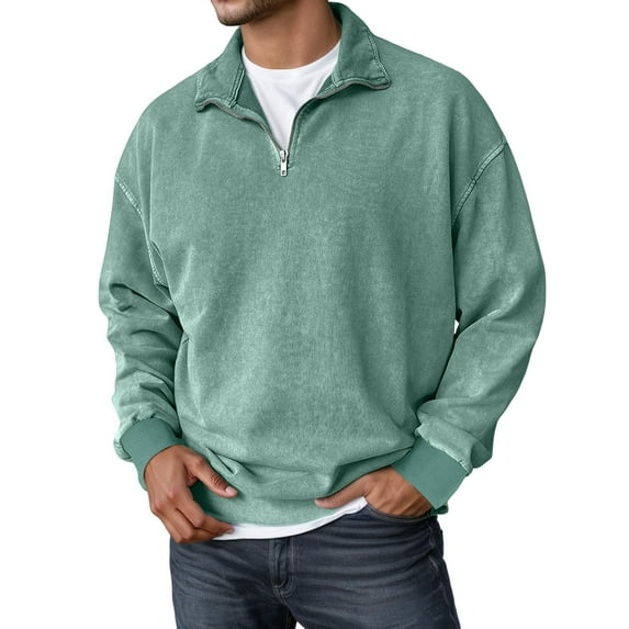 LIUJUNSHOP Mens Pullover Sweatshirt Men's Washed Long Sleeve Hoodless Sweatshirt Relaxed Fit Drop Shoulder Casual Pullover Top Comfortable Breathable