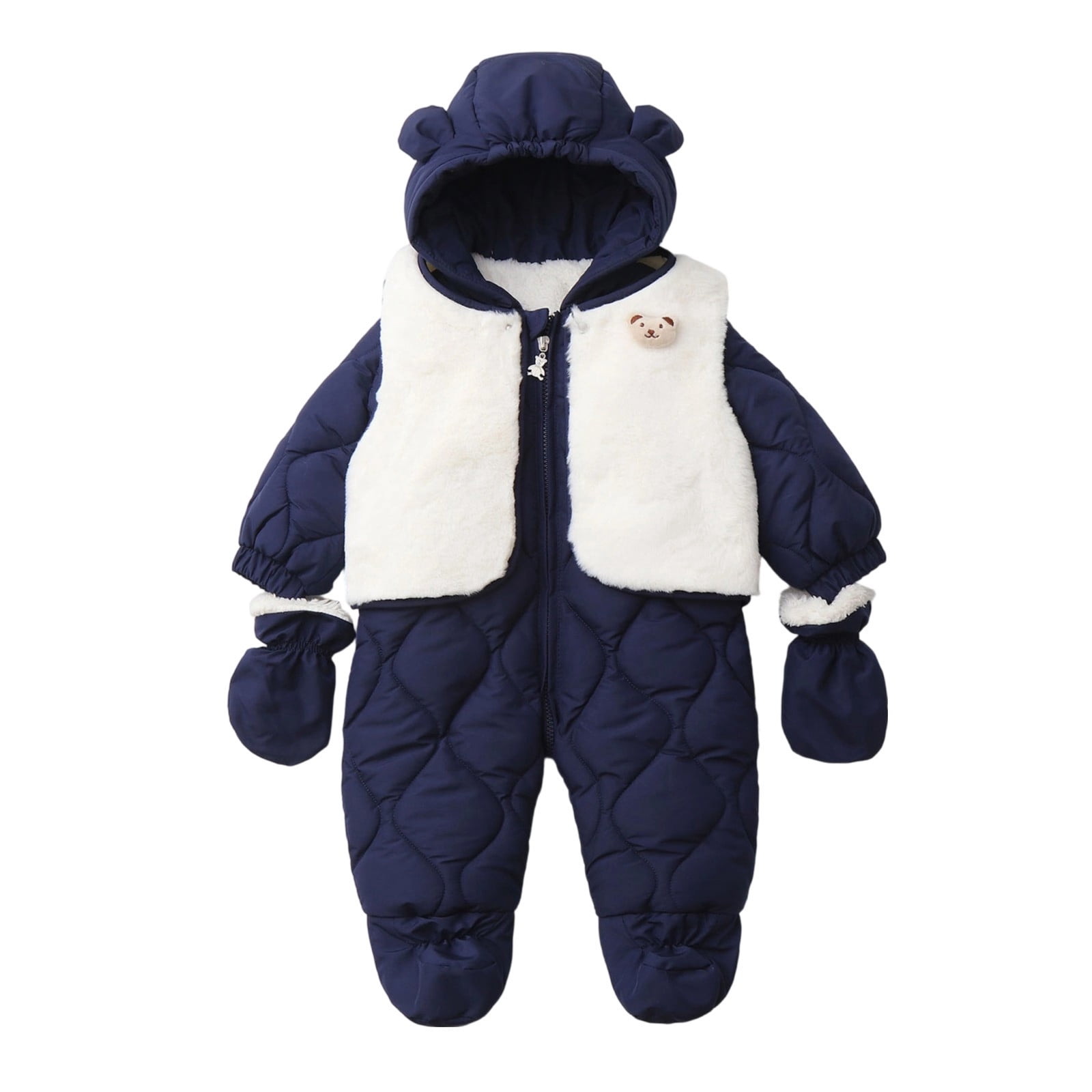 LIUJUNSHOP Newborn Baby Snowsuit Bear Onesie Romper Winter Warm Coat Infant Fleece Footie Jumpsuit for Girls Boys Navy 0-6 Months