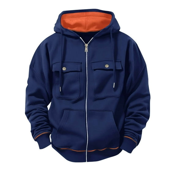 LIUJUNSHOP Oversized Hoodie Men’s Casual Loose Fit Solid Color Men's Casual Hooded Lined Zip Up Jacket Slim Fit Lightweight Warm Winter Outerwear Coat With Pockets For Navy XXL