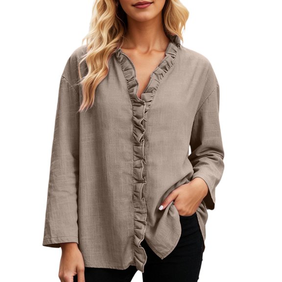 LIUJUNSHOP Ruffled Tops for Women V Neck Ruffle Blouse Long Sleeve Ruffle Shirt Comfort Plus Size Long Sleeve Shirts for Women