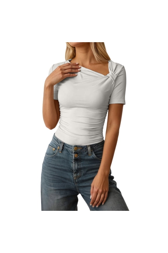 Short Sleeves Top for Women Ruched Going Out Crop Shirts Slim Fit Basic Tee Blouse