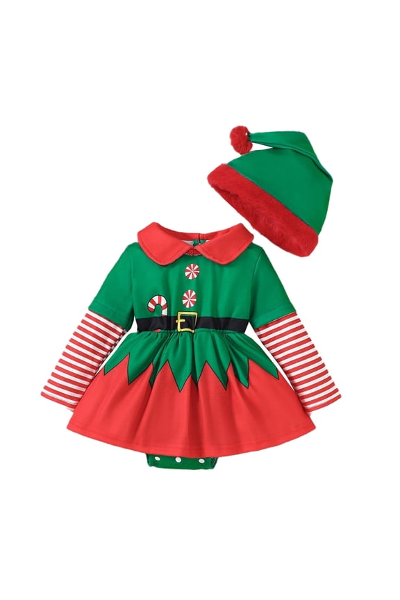 Toddler Baby Girls Christmas Outfits Long Sleeve Print Elf Romper Xmas Dresses Fall Winter Clothes Green 6-12 Months