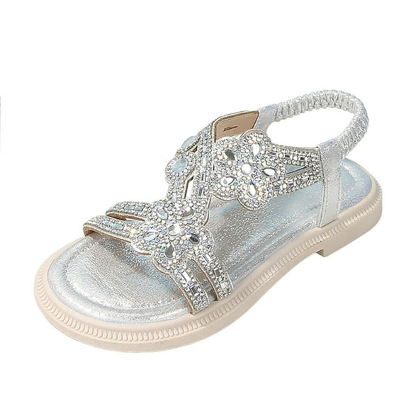 LIUJUNSHOP Toddler Girls Summer Sandals Rhinestone Elastic Ankle Strap Casual Bohemian Beach Footwear for Everyday Comfort Silver 5.5-6 Years